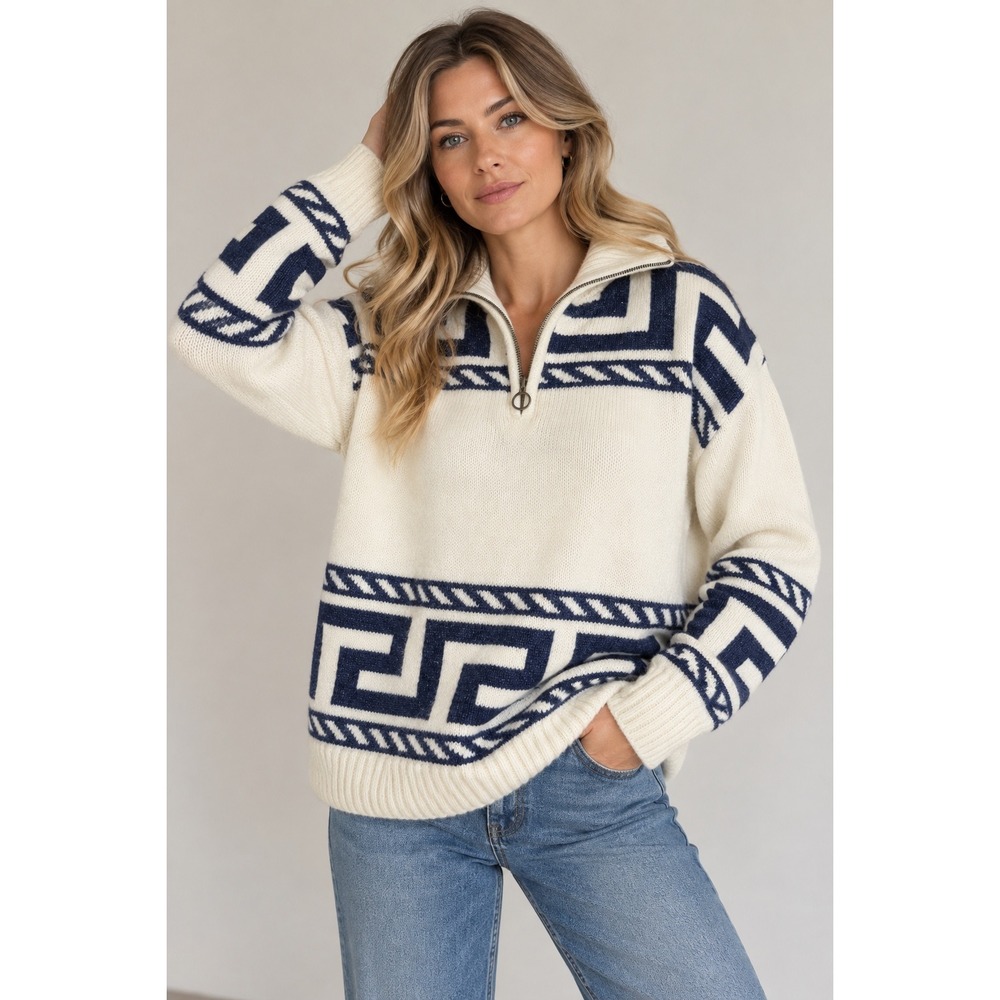 Womance Women Cream Navy Greek Key Half Zip Knit Sweater XS NWT